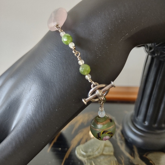 Sterling Silver Rose Pink Green Quartz Bracelet - Picture 6 of 8